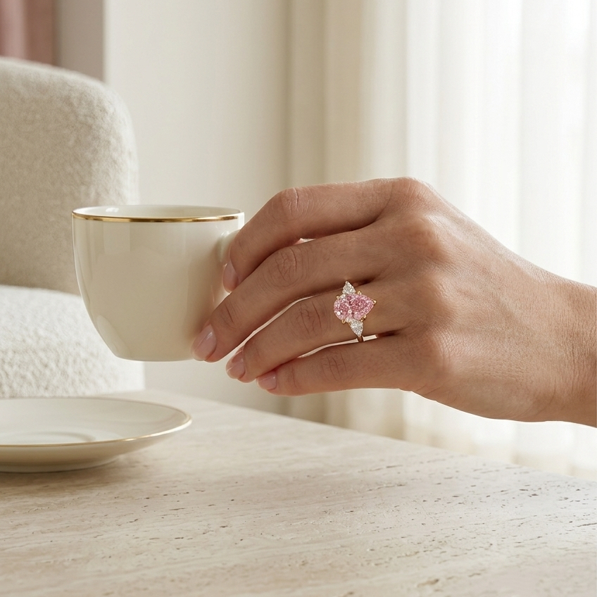 Bloom—Aura Ring | Pink Pear Diamond in Pear Three Stone