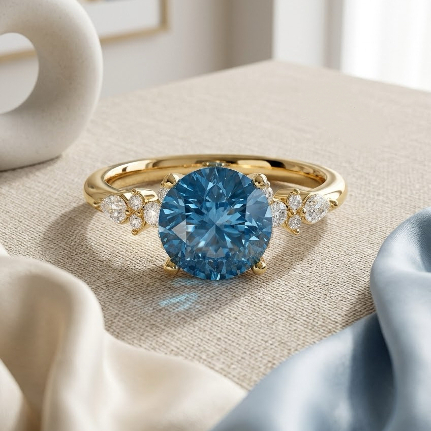 Bloom—Aura Ring | Blue Round Diamond in Pear and Round Coverage