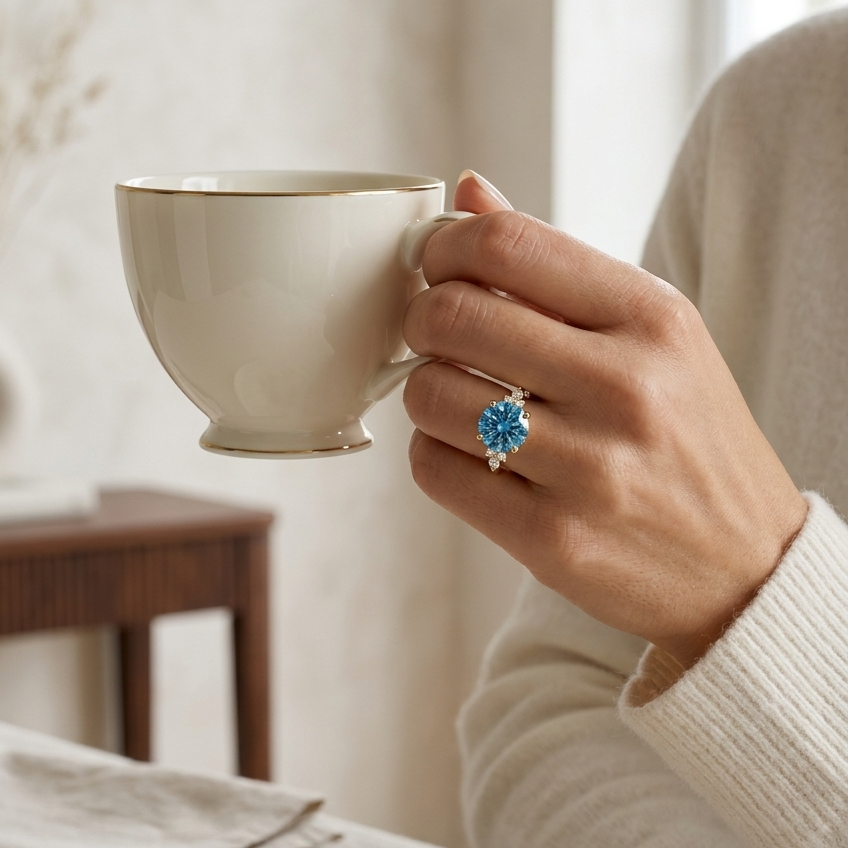Bloom—Aura Ring | Blue Round Diamond in Pear and Round Coverage