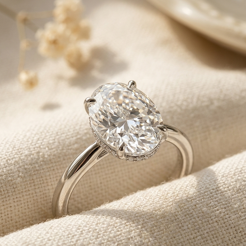 Bloom—Still Light Ring | Solitaire Oval Diamond with Hidden Halo
