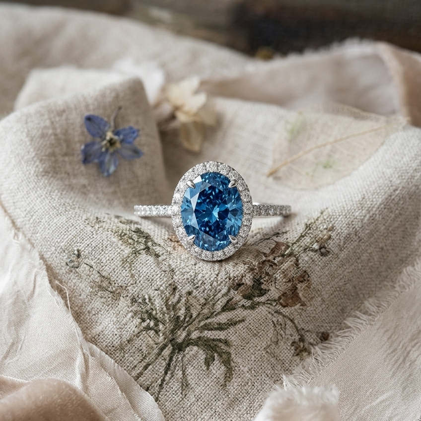 Bloom—Aura Ring | Blue Oval Diamond in Halo