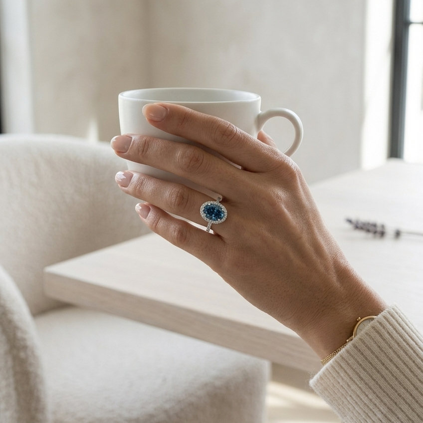 Bloom—Aura Ring | Blue Oval Diamond in Halo