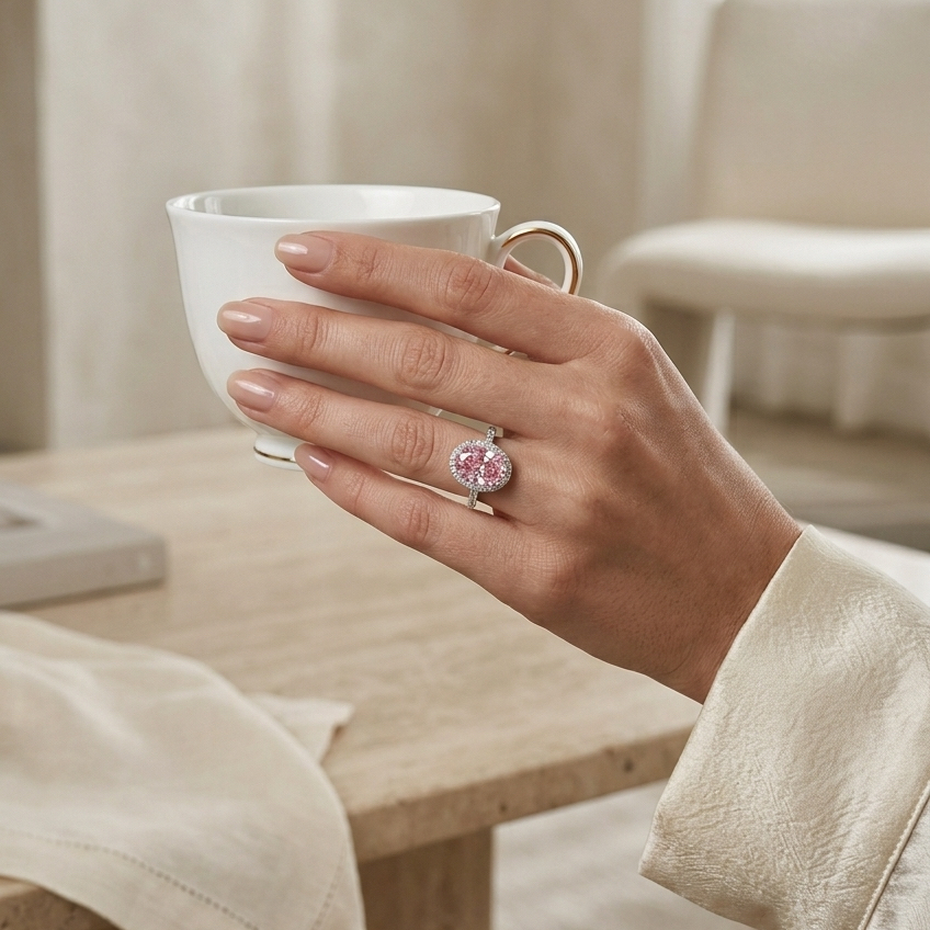 Bloom—Aura Ring | Pink Oval Diamond in Halo