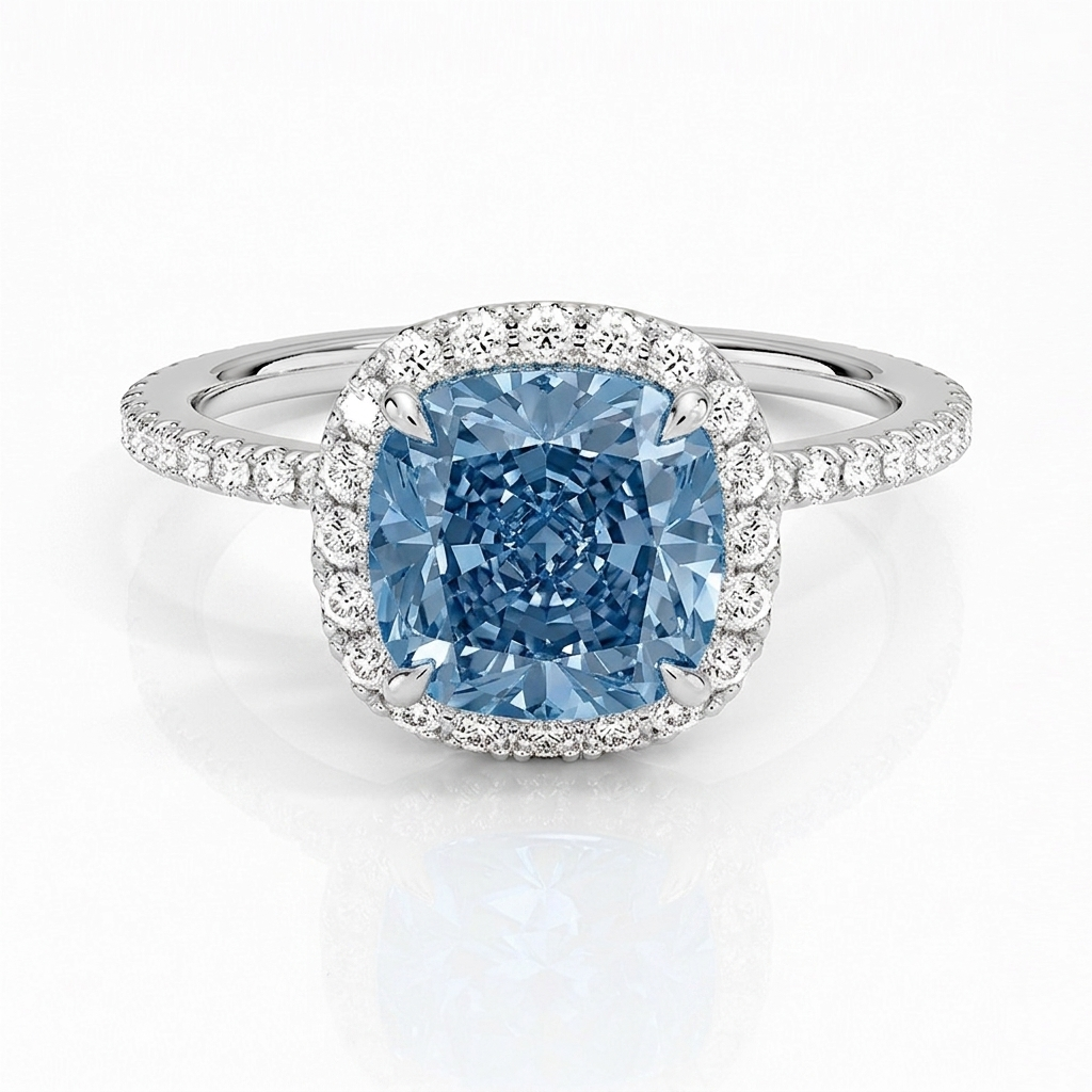 Ascend—Aura Ring | Blue Cushion Diamond in Halo