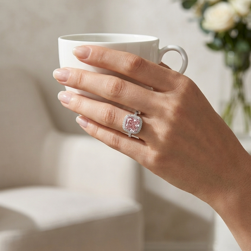 Ascend—Aura Ring | Pink Cushion Diamond in Halo