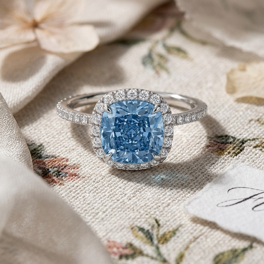 Ascend—Aura Ring | Blue Cushion Diamond in Halo
