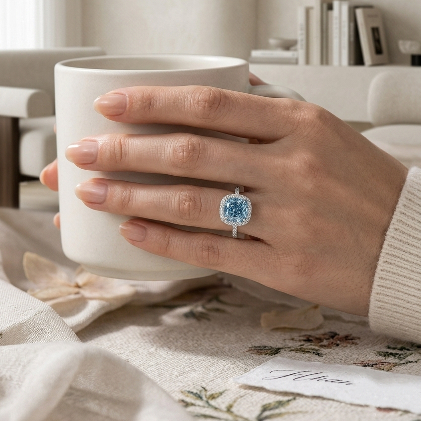Ascend—Aura Ring | Blue Cushion Diamond in Halo