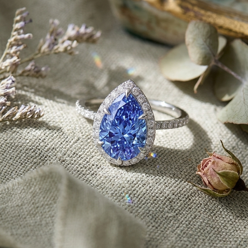 Bloom—Aura Ring | Blue Pear Diamond in Halo