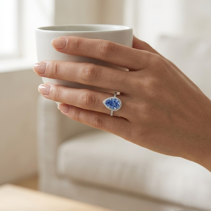 Bloom—Aura Ring | Blue Pear Diamond in Halo