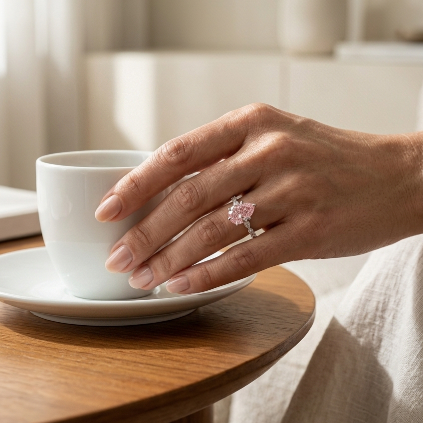 Bloom—Aura Ring | Pink Pear Diamond in Round Marquise Coverage