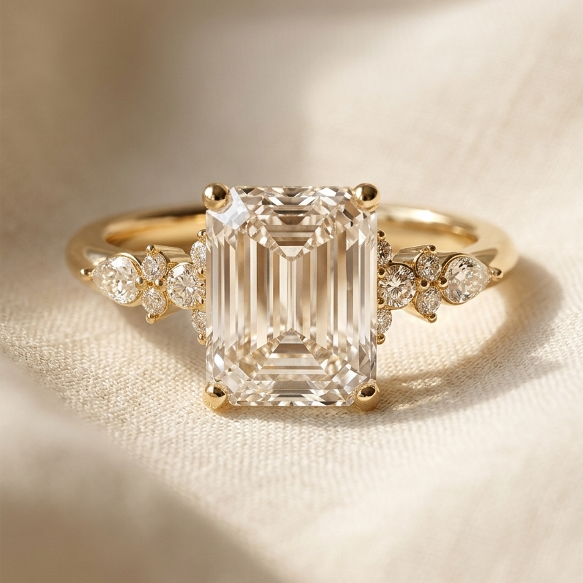 Ascend—Crowned Still Ring | Emerald Diamond in Pear and Round Coverage