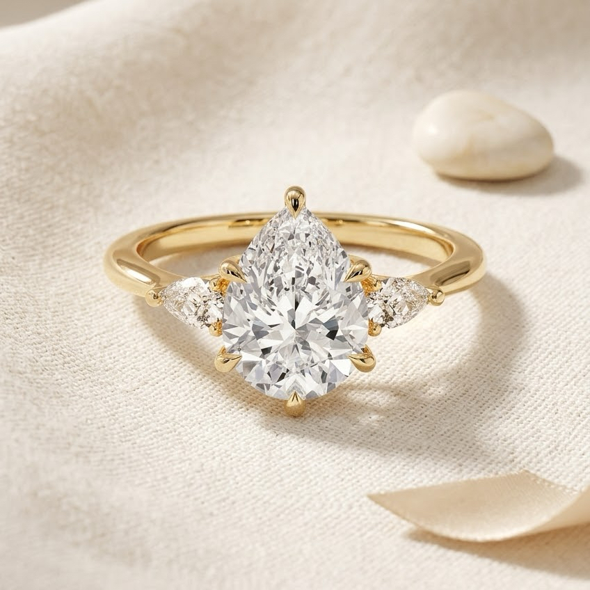 Bloom—Crowned Still Ring | Pear Diamond in Pear Three Stone