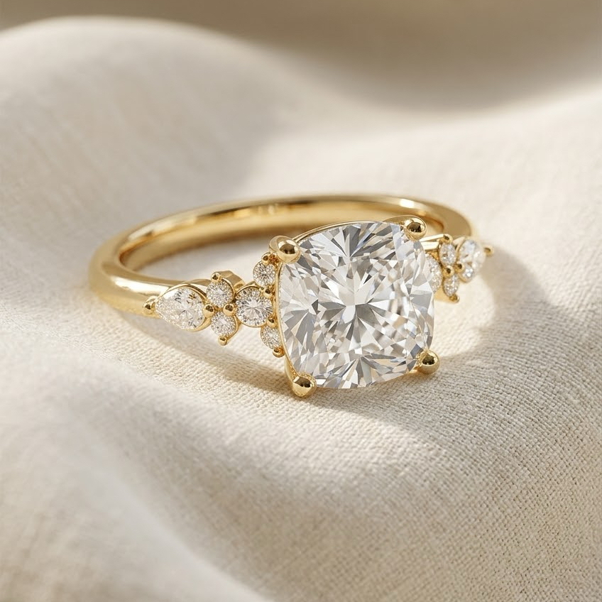 Ascend—Crowned Still Ring | Cushion Diamond in Pear and Round Coverage