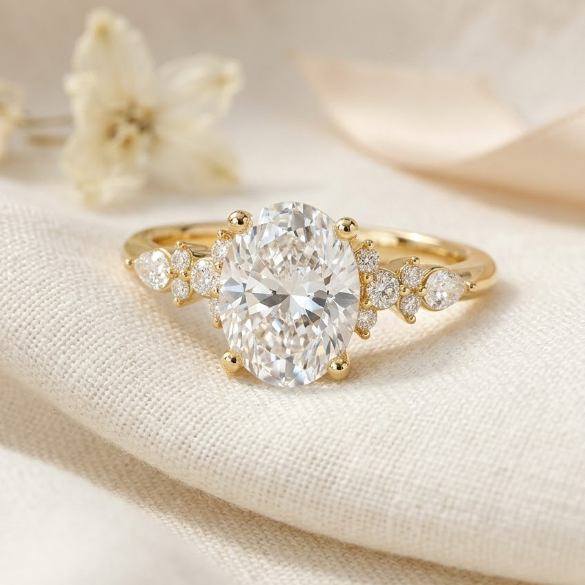 Bloom—Crowned Still Ring | Oval Diamond in Pear and Round Coverage