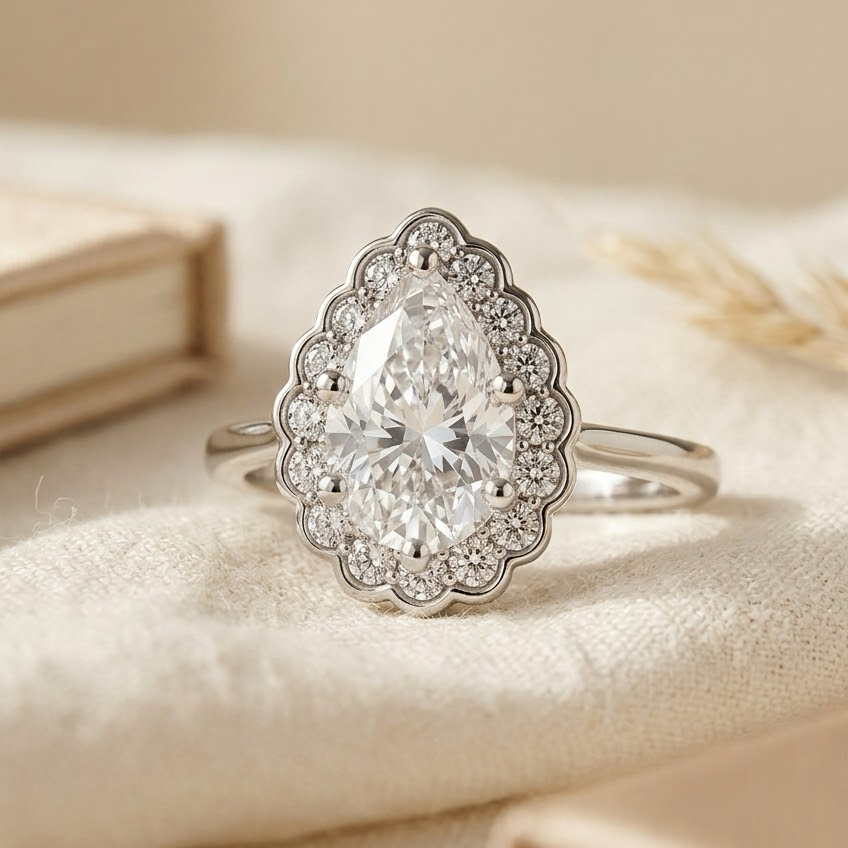 Bloom—Still Light Ring | Pear Diamond in Floral Halo