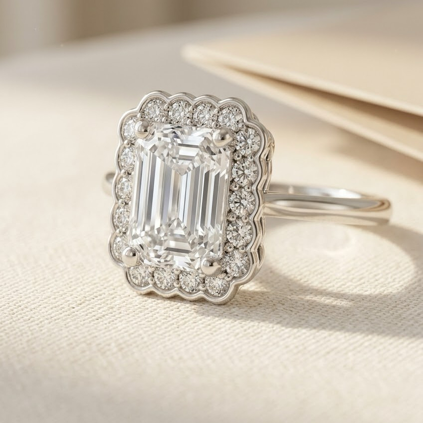 Ascend—Still Light Ring | Emerald Diamond in Floral Halo
