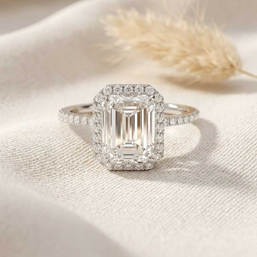 Ascend—Still Light Ring | Emerald Halo Diamond