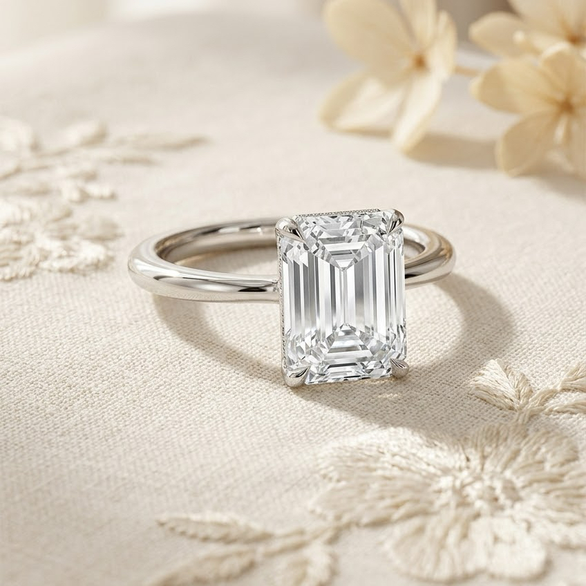Ascend—Still Light Ring | Solitaire Emerald Diamond with Hidden Halo