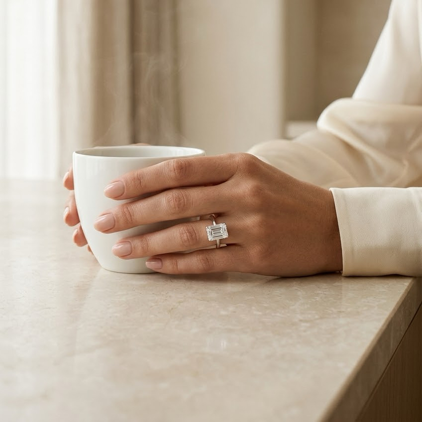 Ascend—Still Light Ring | Solitaire Emerald Diamond with Hidden Halo