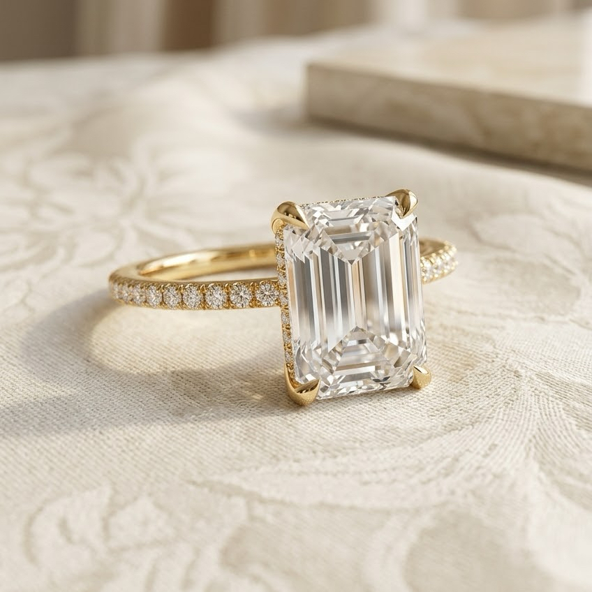 Ascend—Crown Still Ring | Emerald Cut Pave Diamond Ring with Hidden Halo