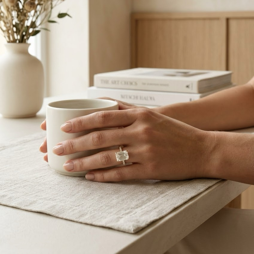 Ascend—Crown Still Ring | Emerald Cut Pave Diamond Ring with Hidden Halo