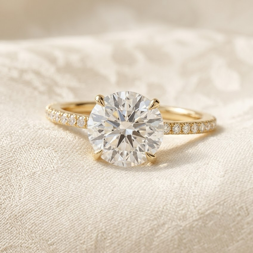 Bloom—Crowned Still Ring | Round Cut Pave Diamond Ring with Hidden Halo