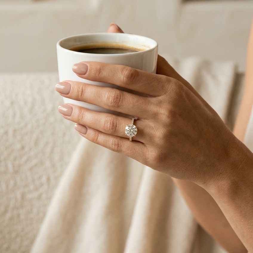 Bloom—Crowned Still Ring | Round Cut Pave Diamond Ring with Hidden Halo