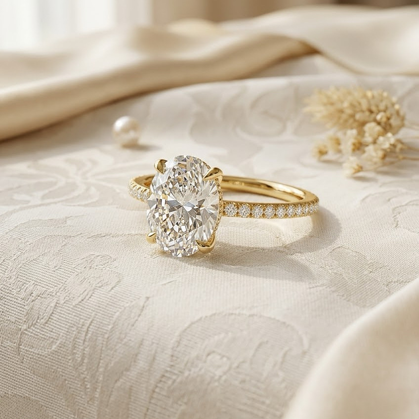 Bloom—Crowned Still Ring | Oval Cut Pave Diamond Ring with Hidden Halo