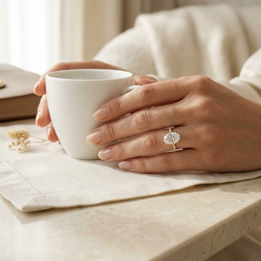 Bloom—Crowned Still Ring | Oval Cut Pave Diamond Ring with Hidden Halo