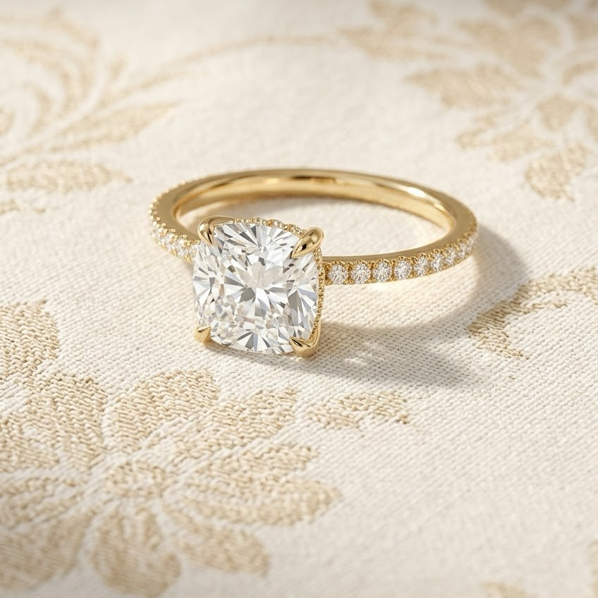 Ascend—Crowned Still Ring | Cushion Cut Pave Diamond Ring with Hidden Halo
