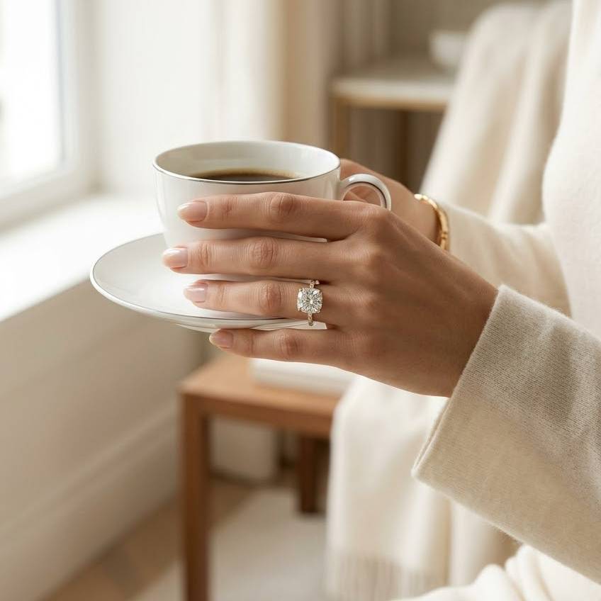 Ascend—Crowned Still Ring | Cushion Cut Pave Diamond Ring with Hidden Halo