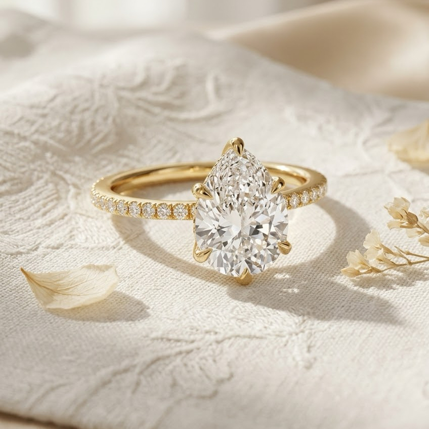 Bloom—Crowned Still Ring | Pear Cut Pave Diamond Ring with Hidden Halo