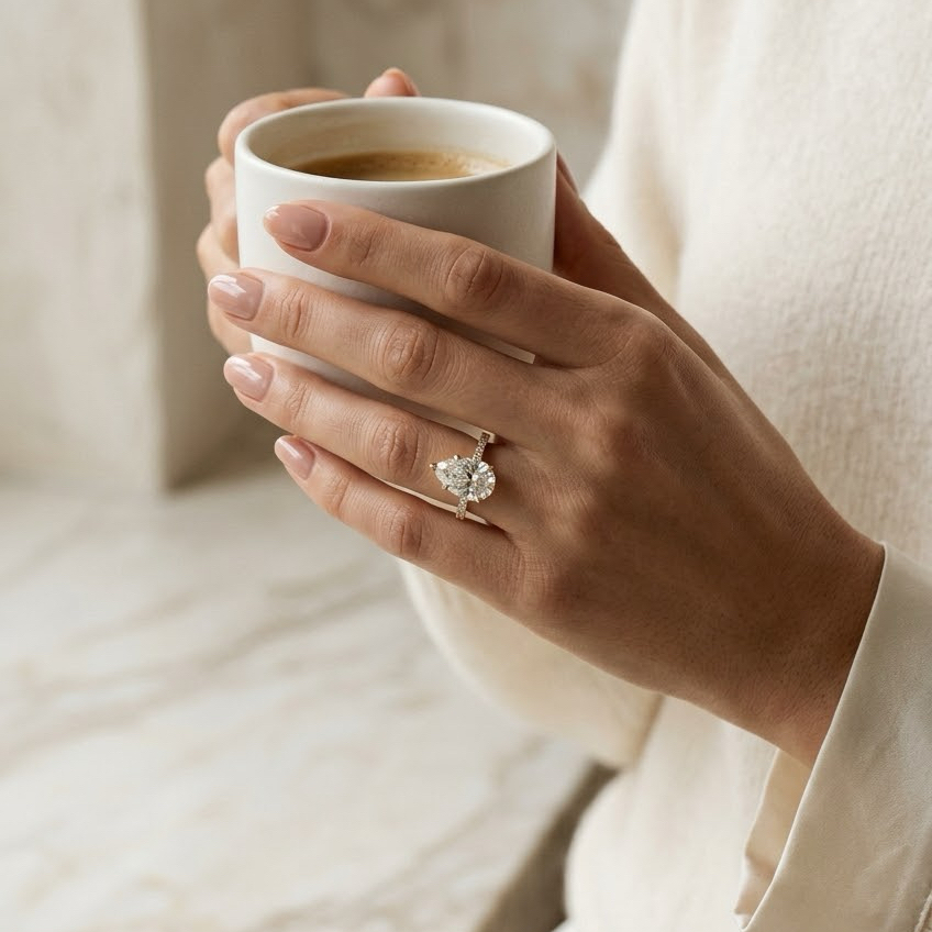 Bloom—Crowned Still Ring | Pear Cut Pave Diamond Ring with Hidden Halo