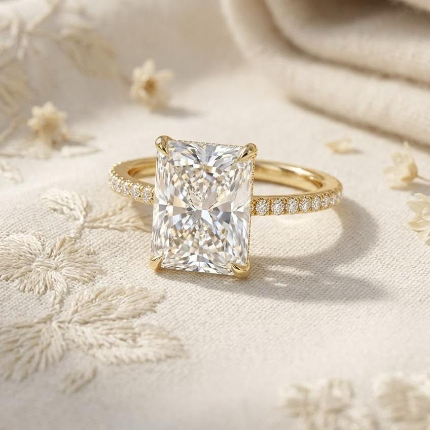 Radiate—Crowned Still Ring | Radiant Cut Pave Diamond Ring with Hidden Halo