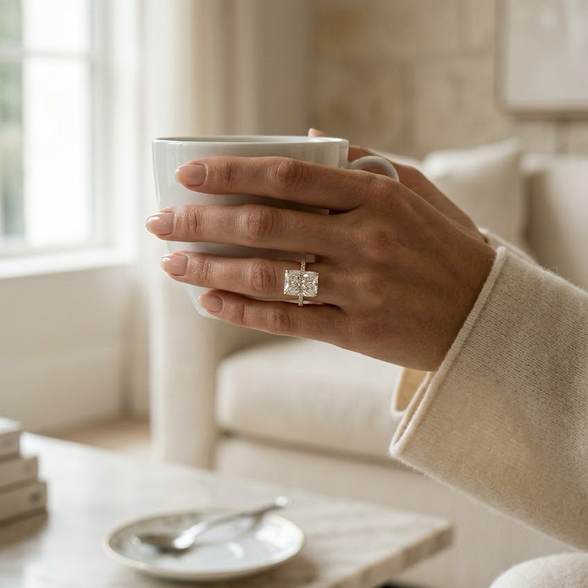 Radiate—Crowned Still Ring | Radiant Cut Pave Diamond Ring with Hidden Halo