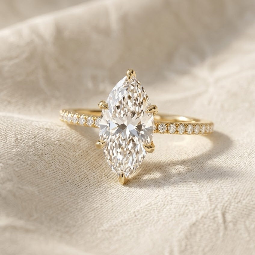 Ascend—Crowned Still Ring | Marquise Cut Pave Diamond Ring with Hidden Halo