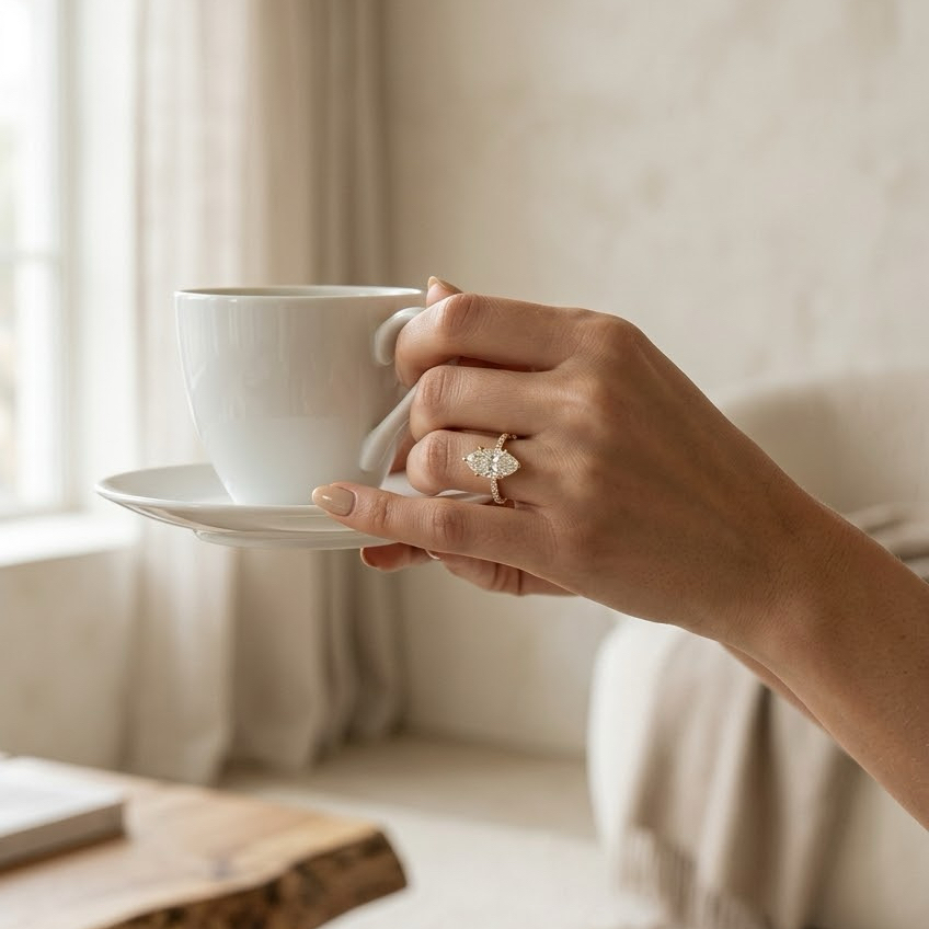 Ascend—Crowned Still Ring | Marquise Cut Pave Diamond Ring with Hidden Halo