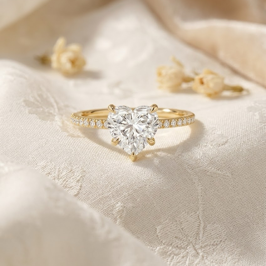 Bloom—Crowned Still Ring | Heart Cut Pave Diamond Ring with Hidden Halo