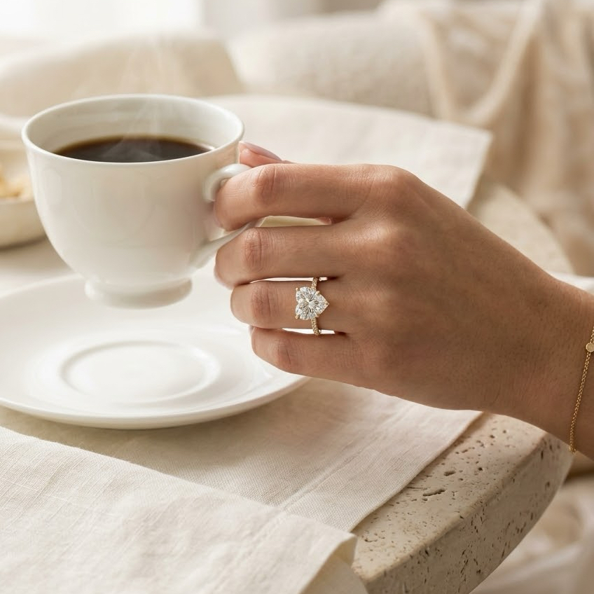Bloom—Crowned Still Ring | Heart Cut Pave Diamond Ring with Hidden Halo