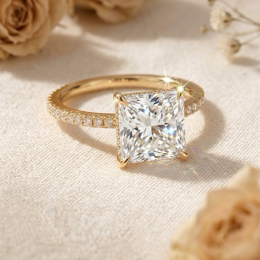 Radiate—Crowned Still Ring | Princess Cut Pave Diamond Ring with Hidden Halo