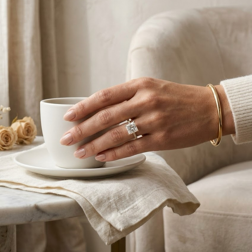 Radiate—Crowned Still Ring | Princess Cut Pave Diamond Ring with Hidden Halo