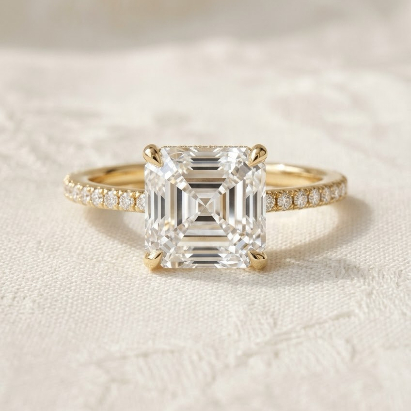 Ascend—Crowned Still Ring | Asscher Cut Pave Diamond Ring with Hidden Halo