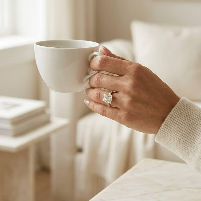 Ascend—Crowned Still Ring | Asscher Cut Pave Diamond Ring with Hidden Halo