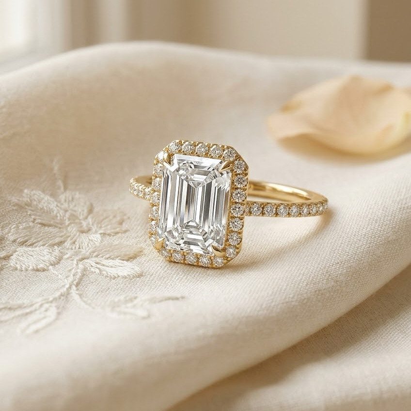 Ascend—Crowned Still Ring | Emerald Halo Diamond
