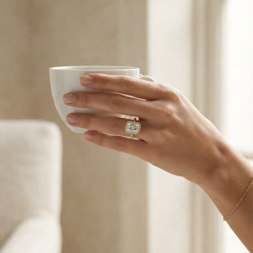 Ascend—Crowned Still Ring | Emerald Halo Diamond