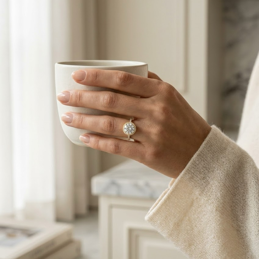 Bloom—Crowned Still Ring | Round Halo Diamond