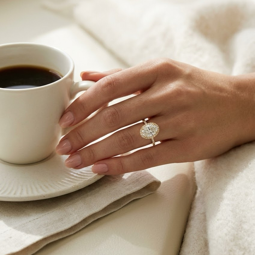 Bloom—Crowned Still Ring | Oval Halo Diamond