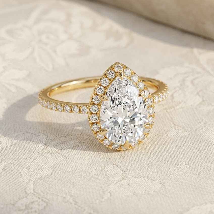 Bloom—Crowned Still Ring | Pear Halo Diamond