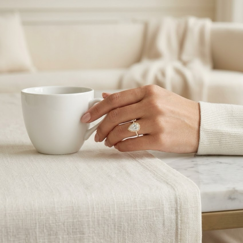 Bloom—Crowned Still Ring | Pear Halo Diamond