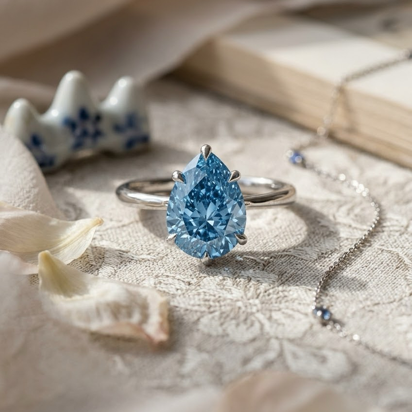 Bloom—Aura Ring | Solitaire Blue Pear Diamond with Hidden Halo